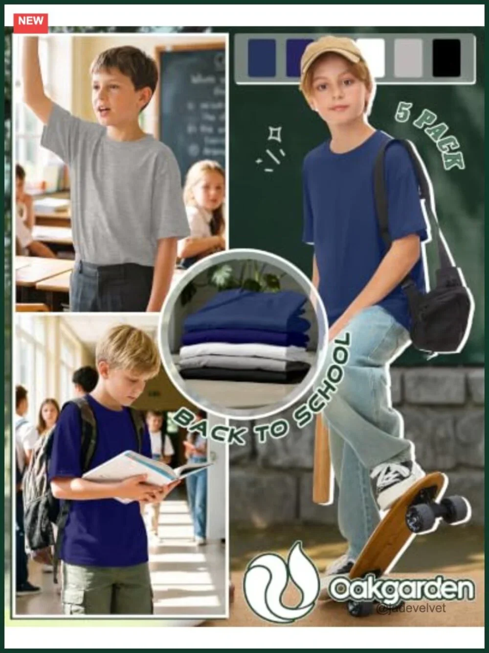 5 Pack Boys Oversized Crew Neck Short Sleeve Tees Loose Fit Basic Plain